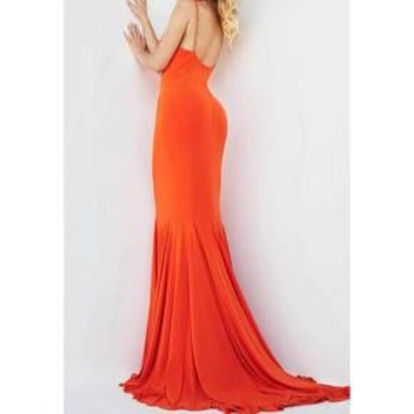 NEW JOVANI beaded cowl neck prom dress in orange - Picture 2 of 3